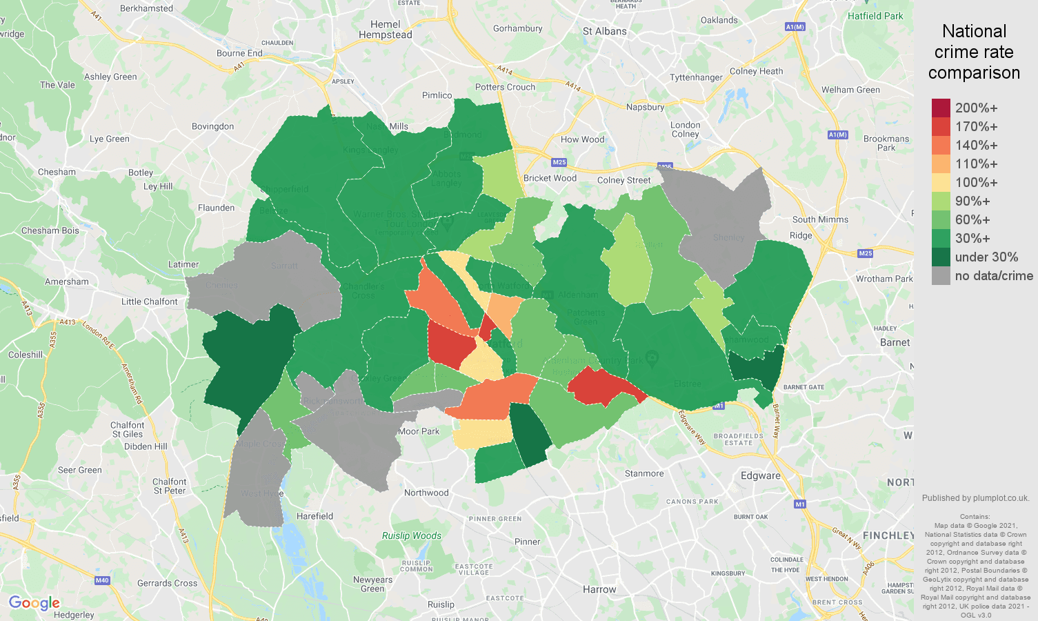 Watford robbery crime rate comparison map