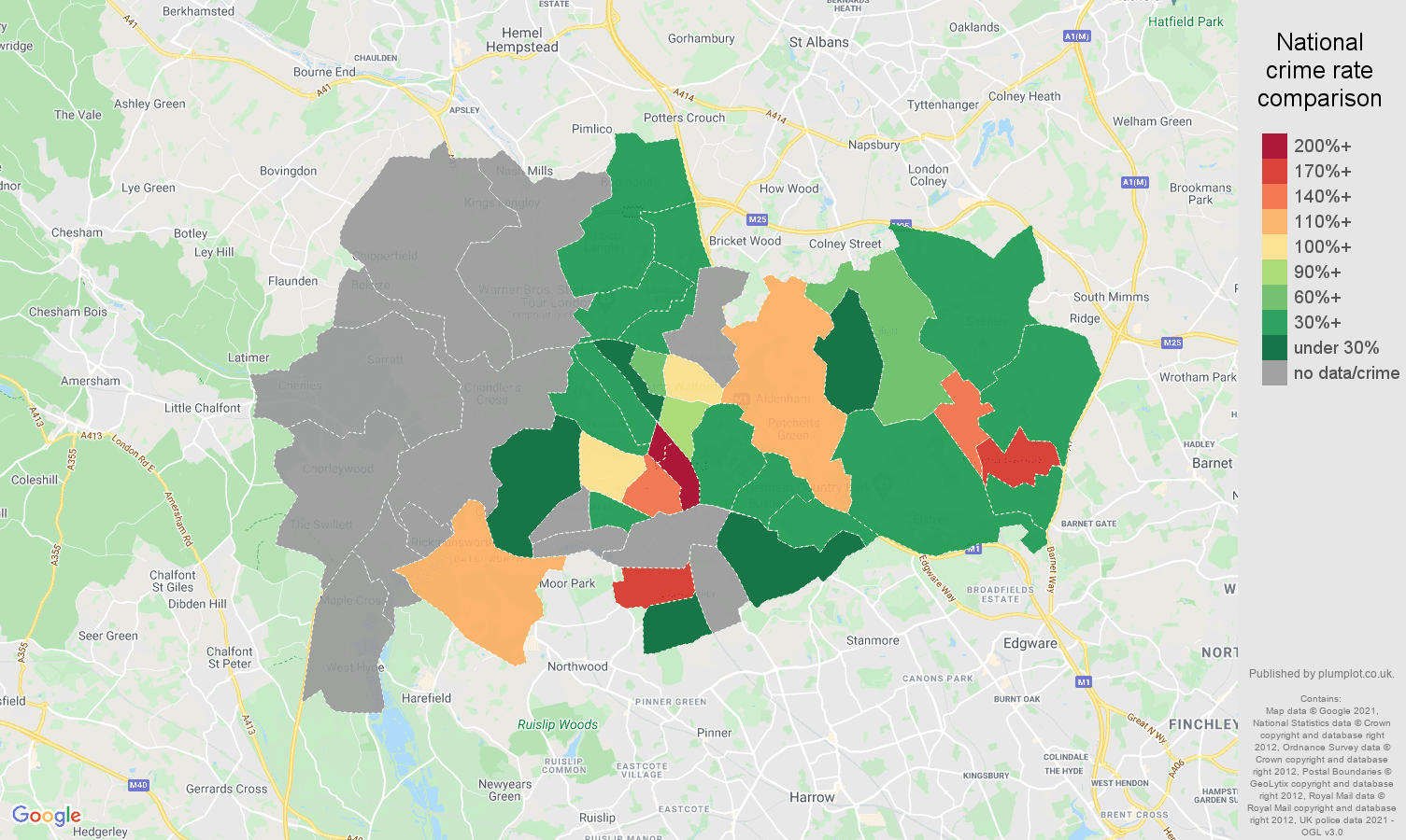 Watford theft from the person crime rate comparison map