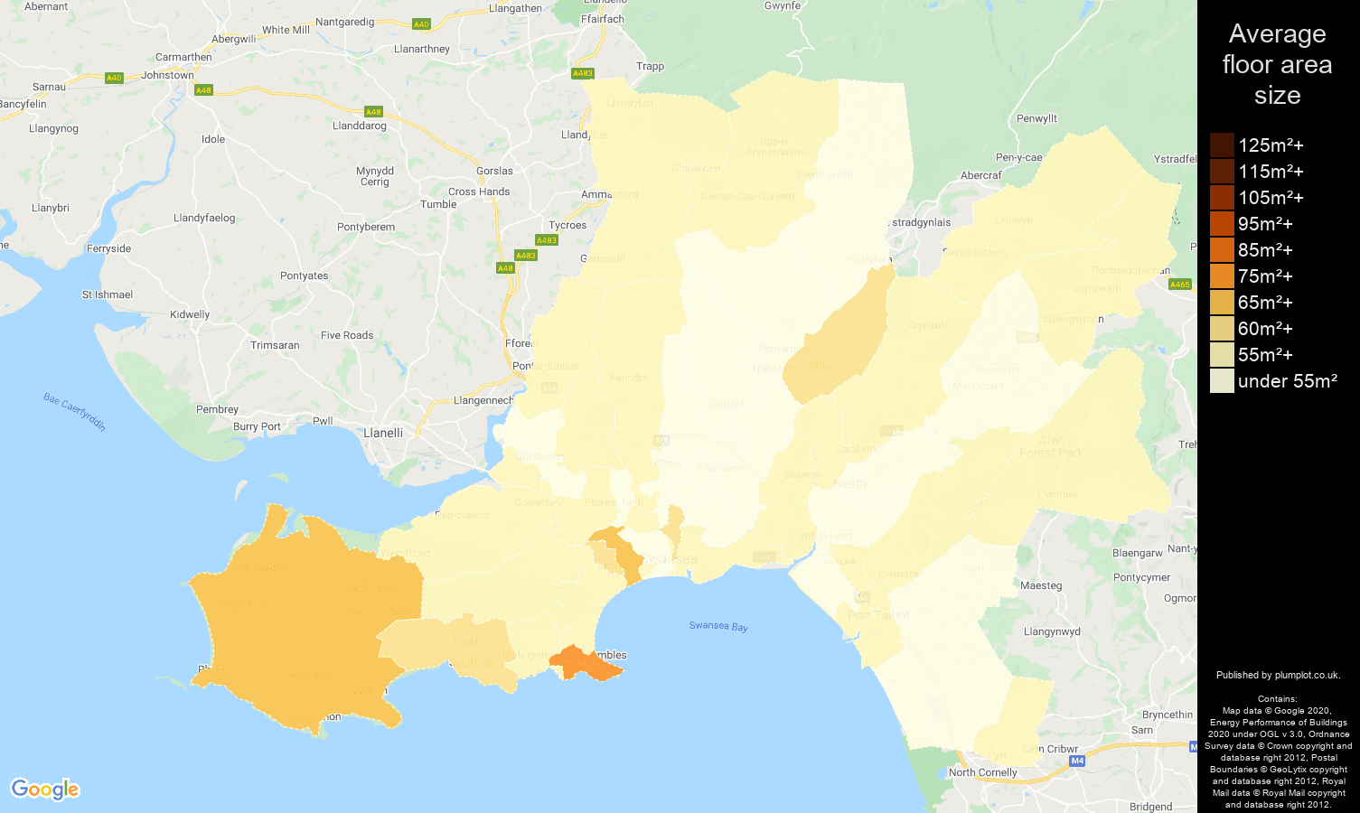 West Glamorgan map of average floor area size of flats