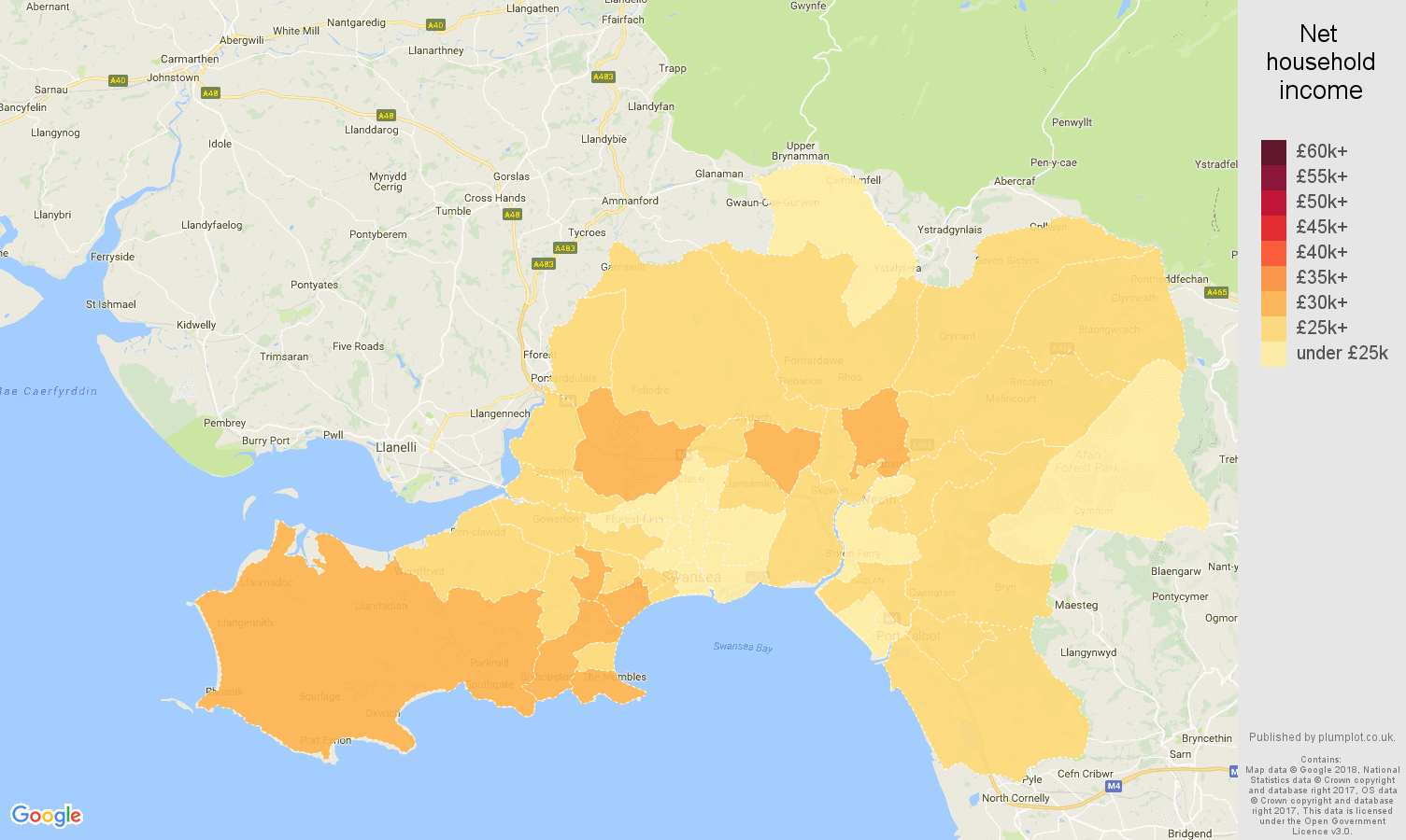 West Glamorgan net household income map