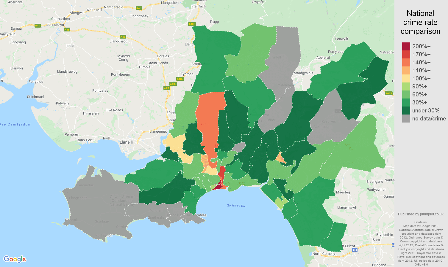 West Glamorgan possession of weapons crime rate comparison map