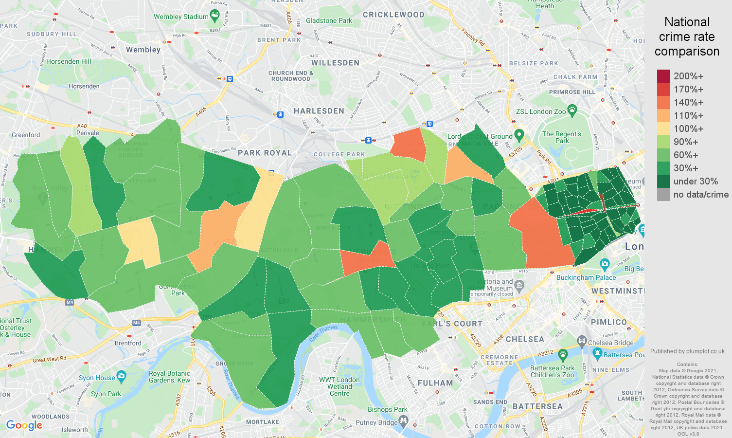 West London criminal damage and arson crime rate comparison map