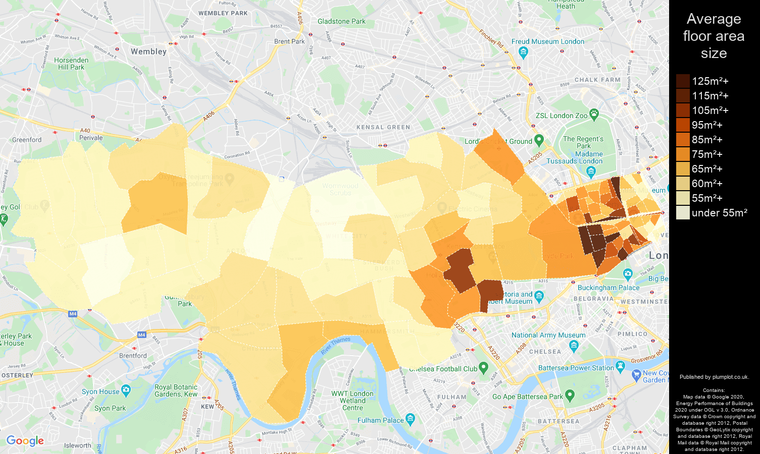 West London map of average floor area size of flats
