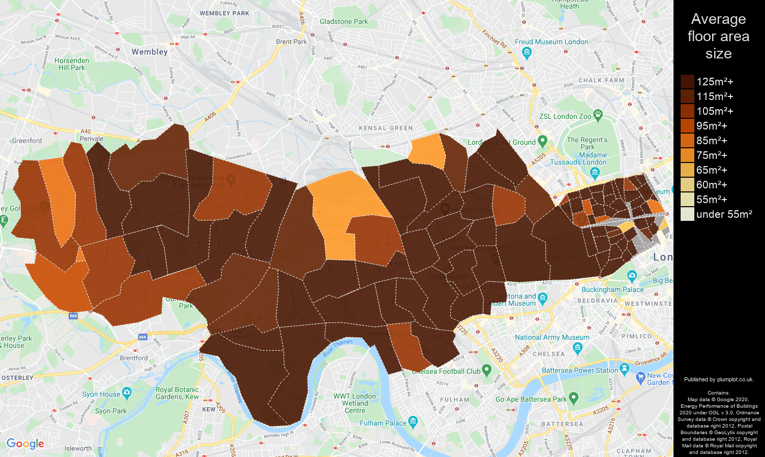 West London map of average floor area size of houses