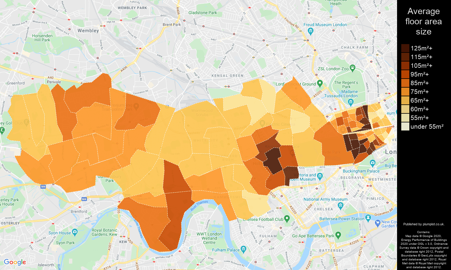 West London map of average floor area size of properties