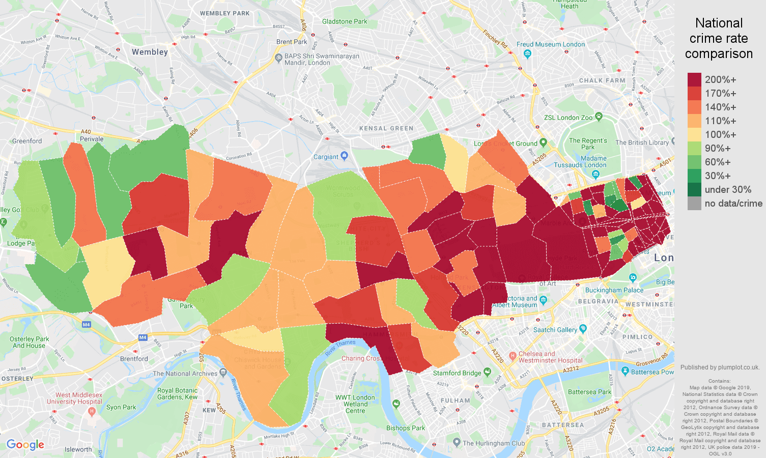West London other theft crime rate comparison map