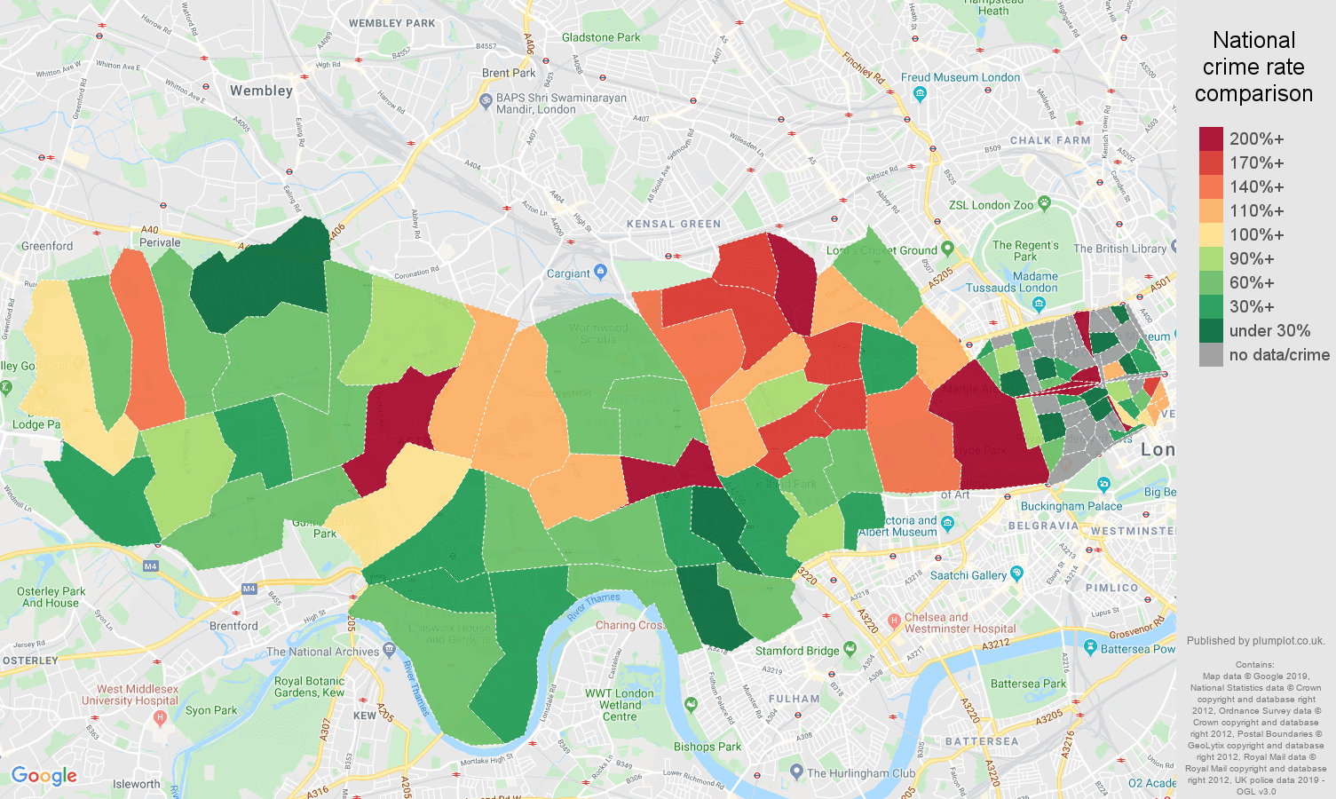 West London possession of weapons crime rate comparison map