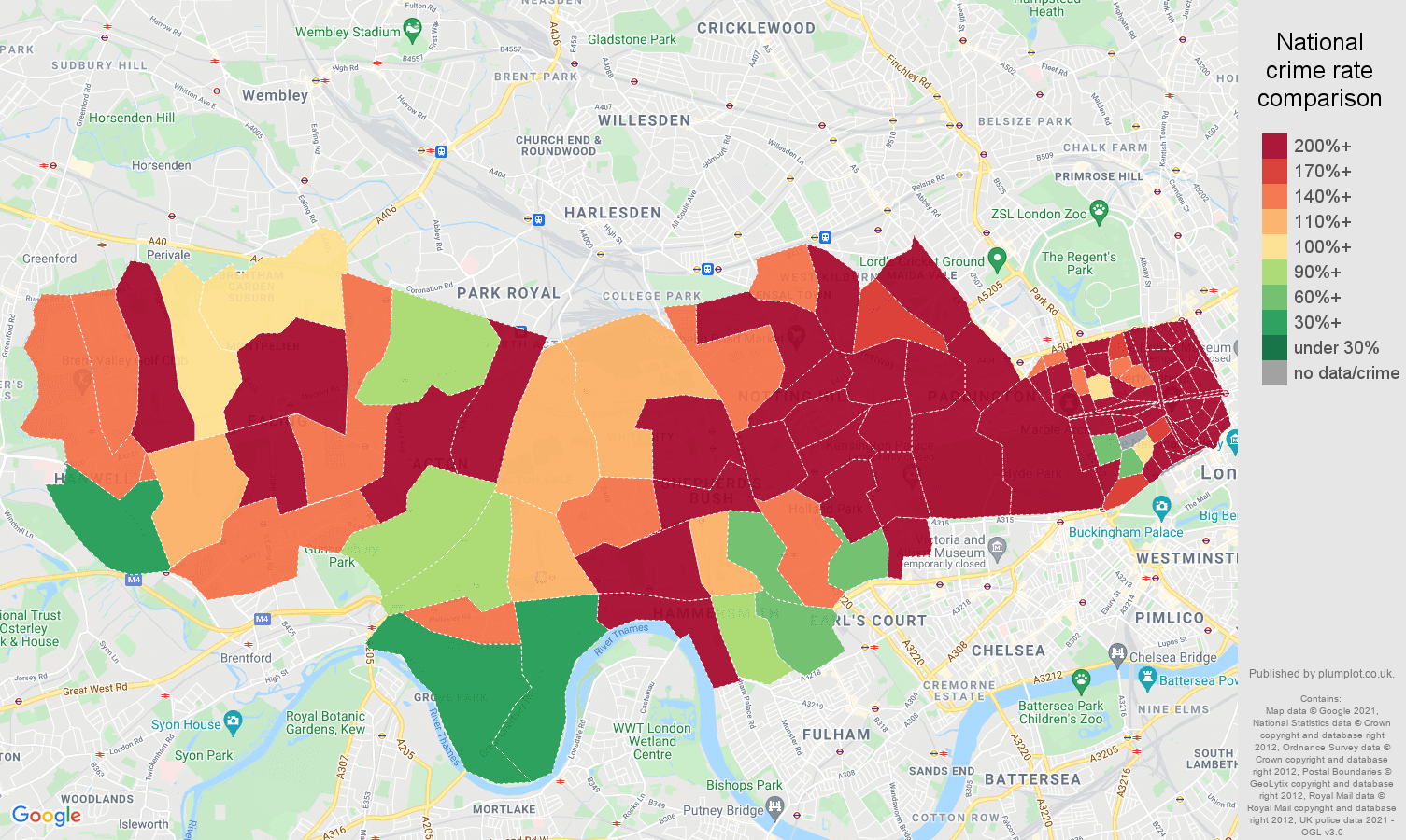 West London theft from the person crime rate comparison map