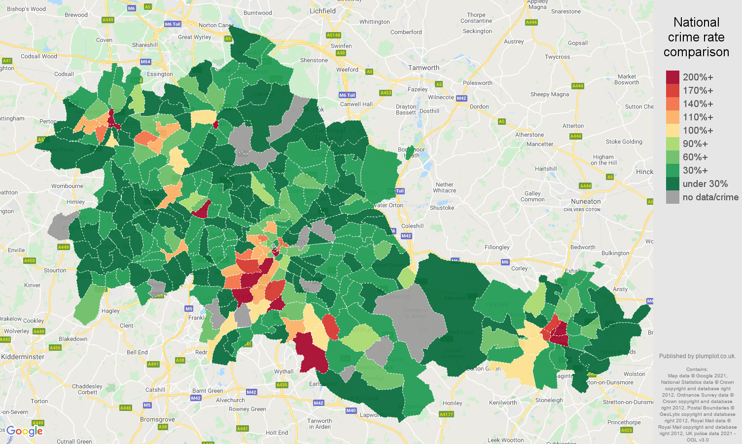 West Midlands county bicycle theft crime rate comparison map