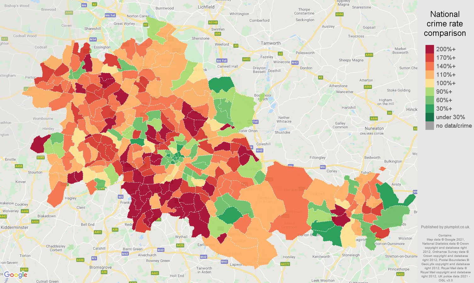 West Midlands county burglary crime rate comparison map