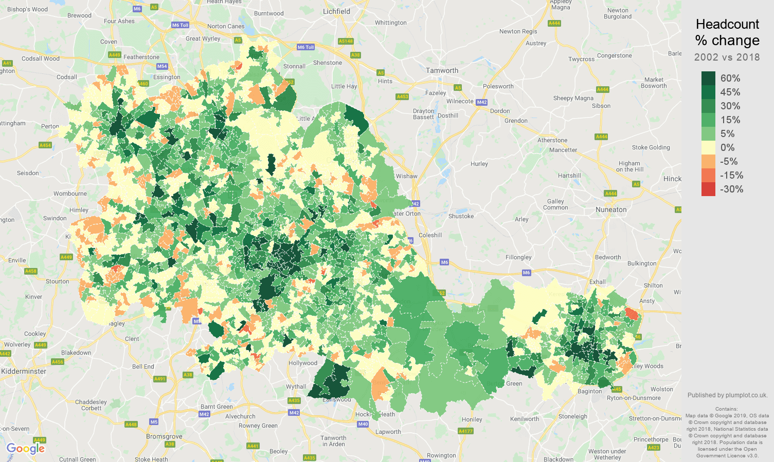 West Midlands county headcount change map
