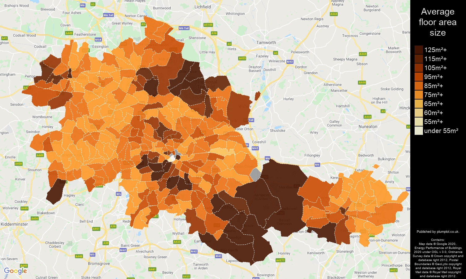 West Midlands county map of average floor area size of houses