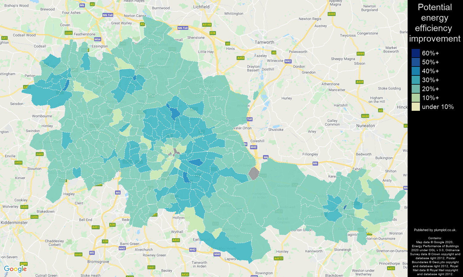 West Midlands county map of potential energy efficiency improvement of houses