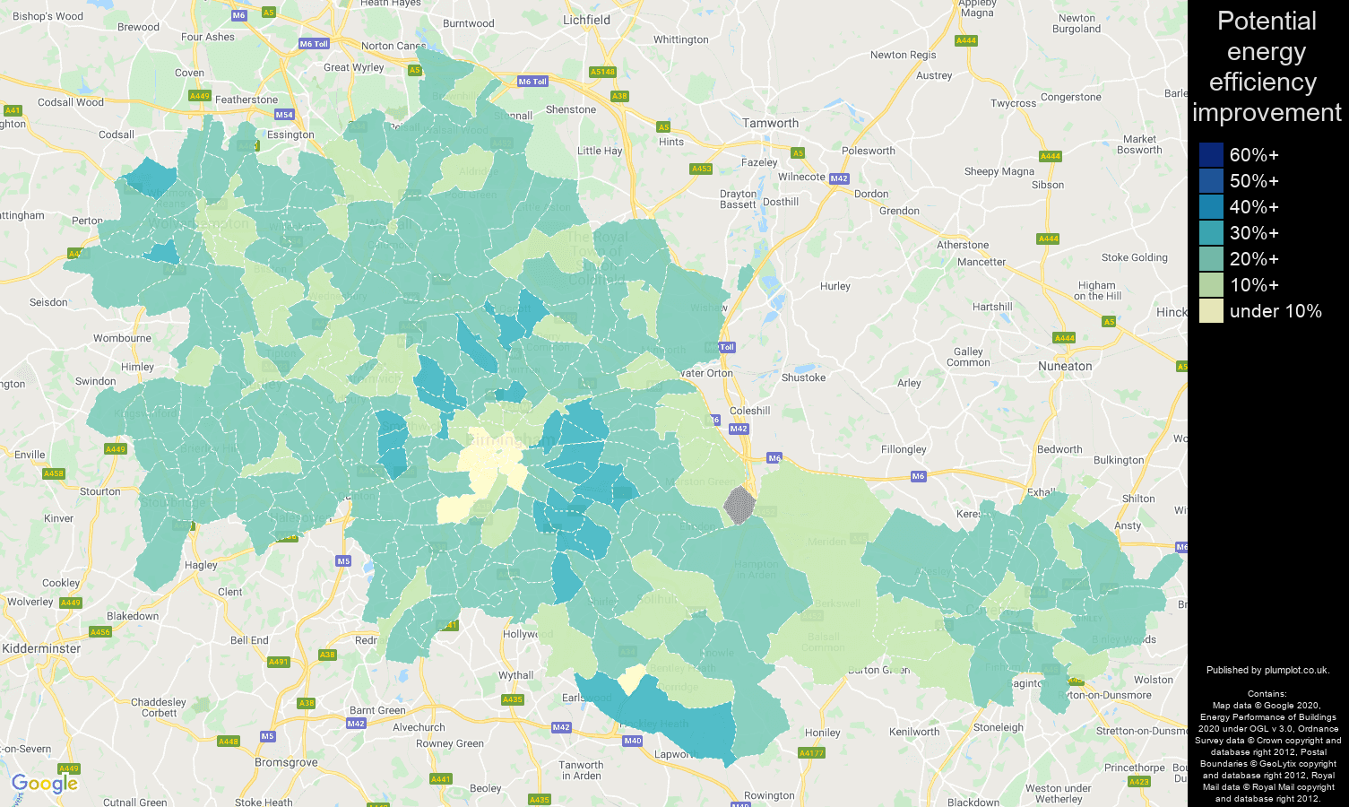 West Midlands county map of potential energy efficiency improvement of properties