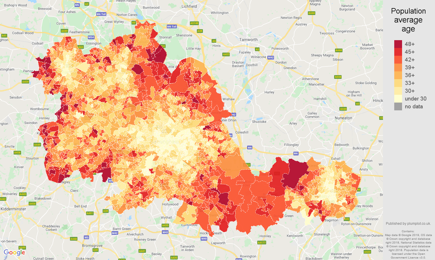 West Midlands county population average age map