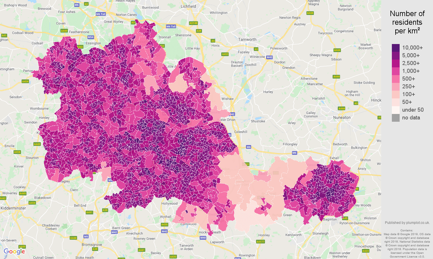 West Midlands county population density map