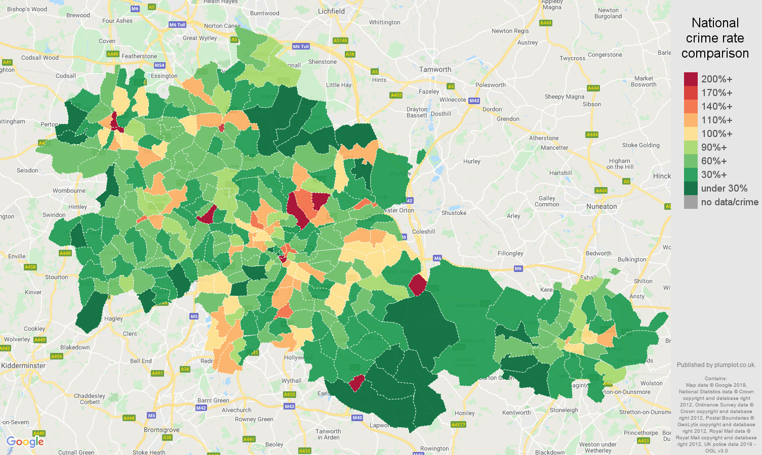 West Midlands county public order crime rate comparison map