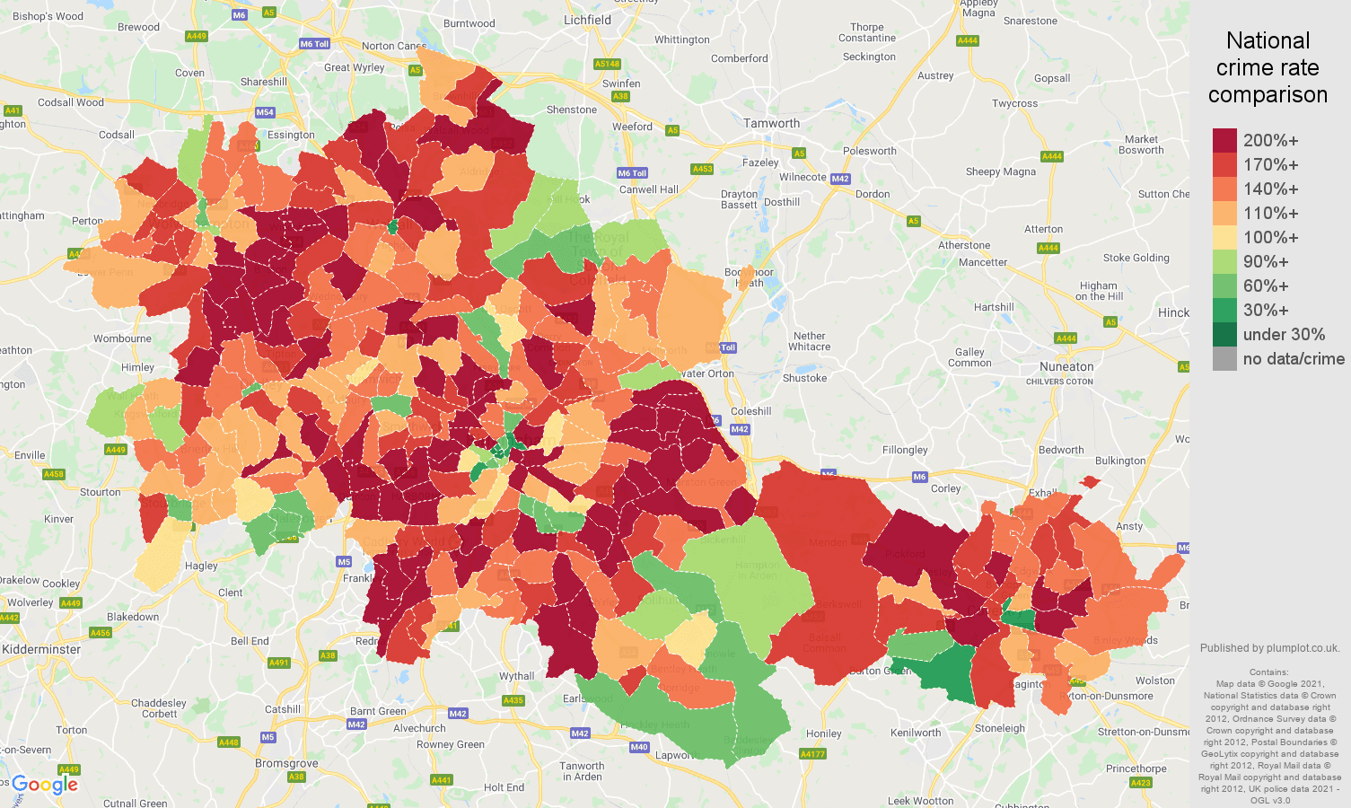 West Midlands county vehicle crime rate comparison map