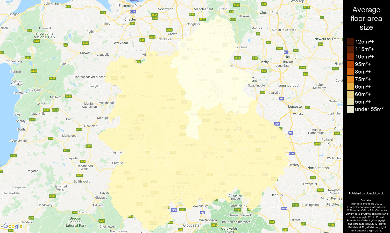 West Midlands map of average floor area size of flats