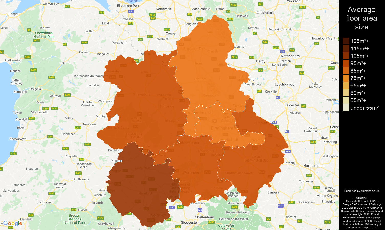 West Midlands map of average floor area size of houses