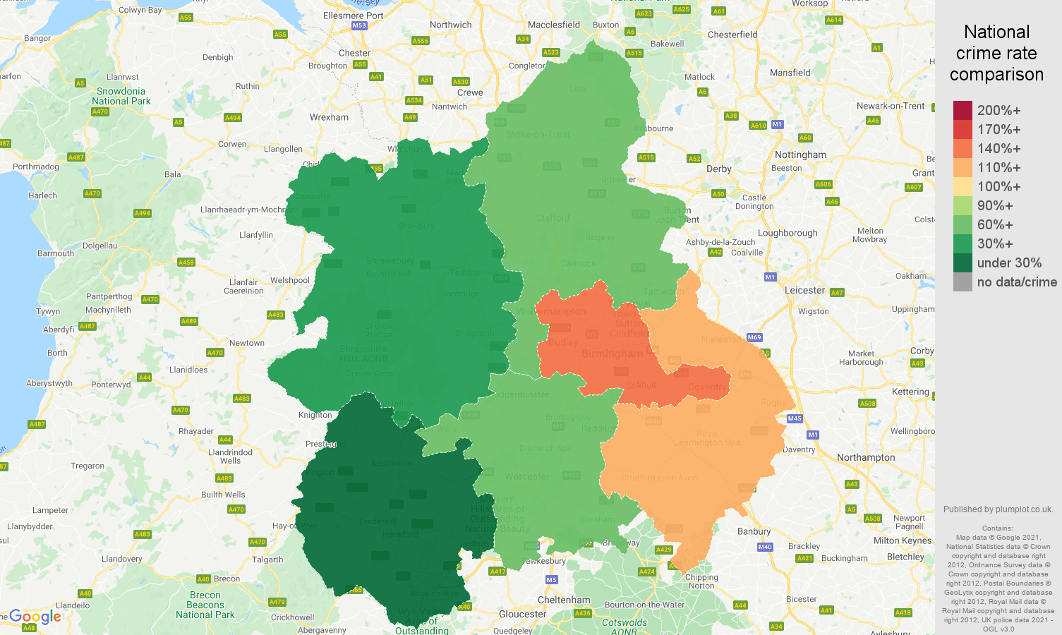 West Midlands vehicle crime rate comparison map