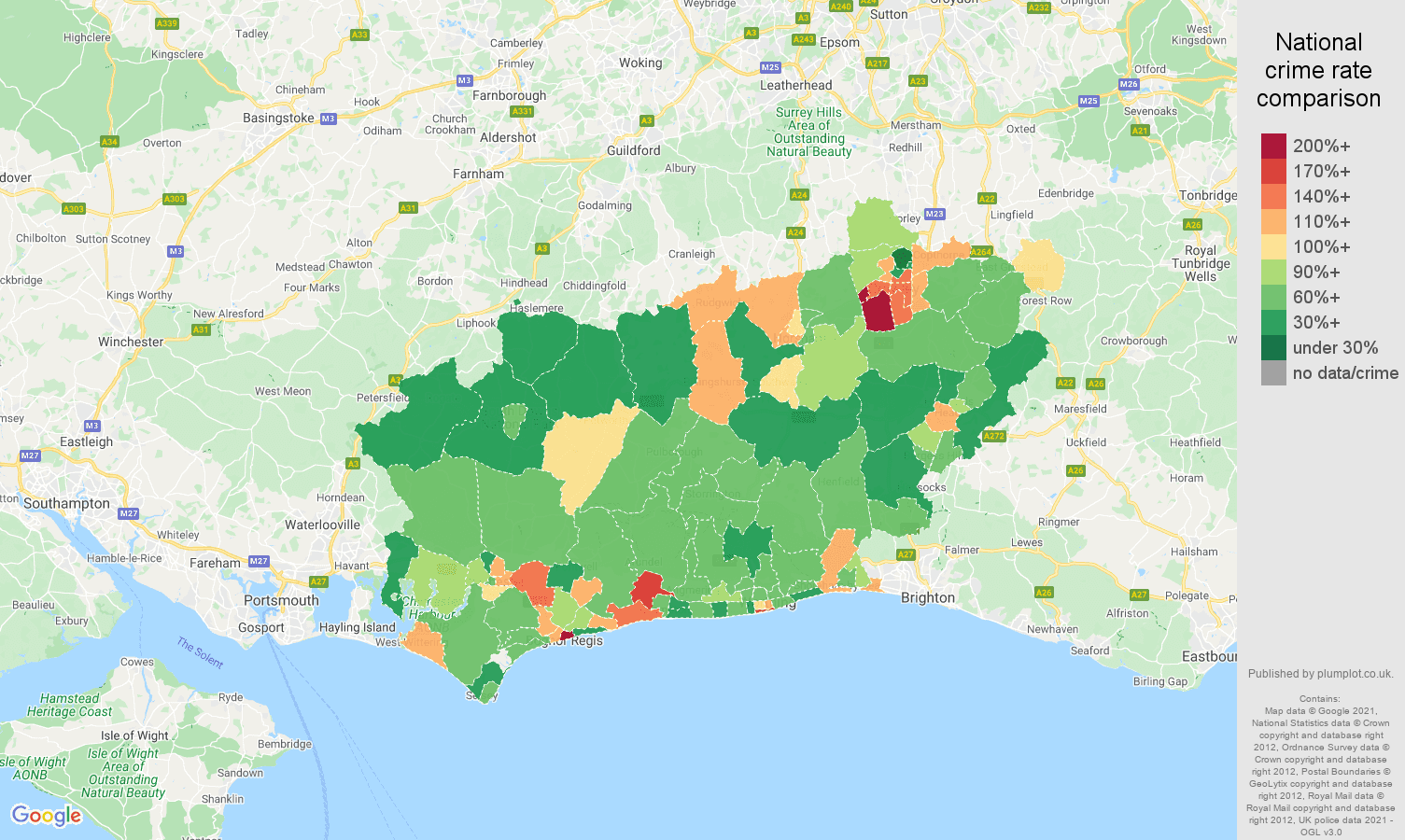 West Sussex antisocial behaviour crime rate comparison map