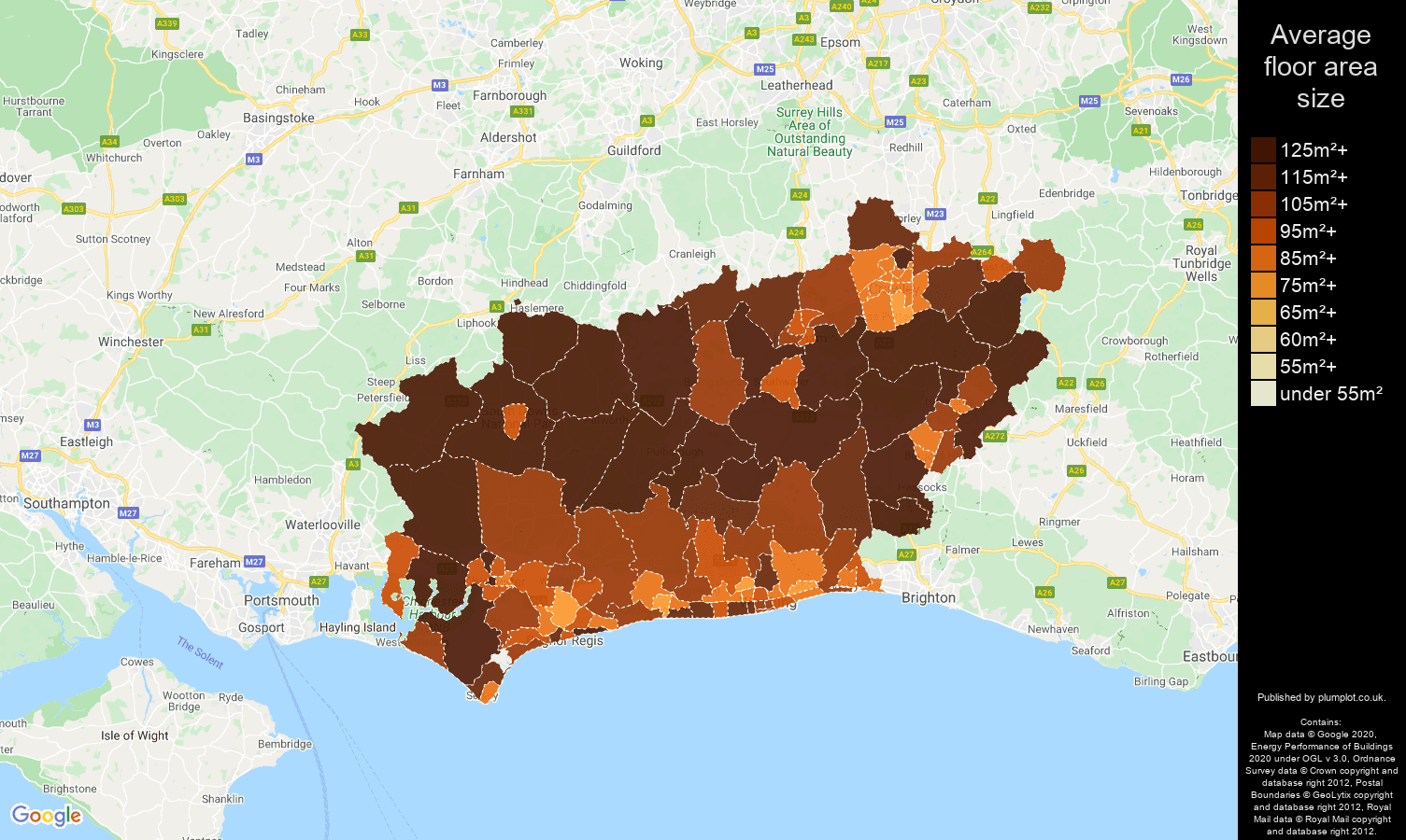 West Sussex map of average floor area size of houses