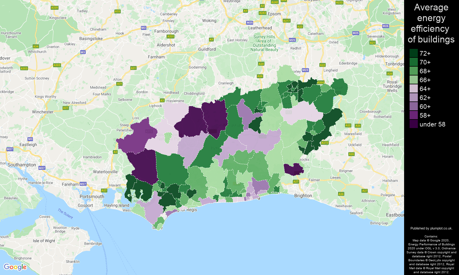 West Sussex map of energy efficiency of flats