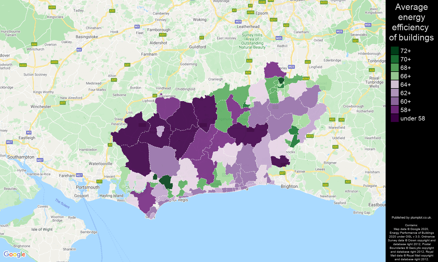 West Sussex map of energy efficiency of properties
