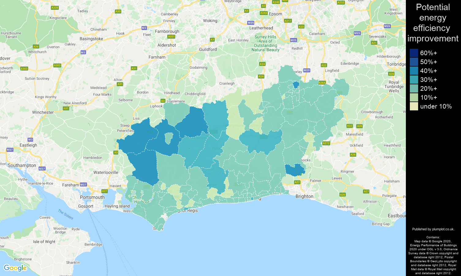 West Sussex map of potential energy efficiency improvement of houses