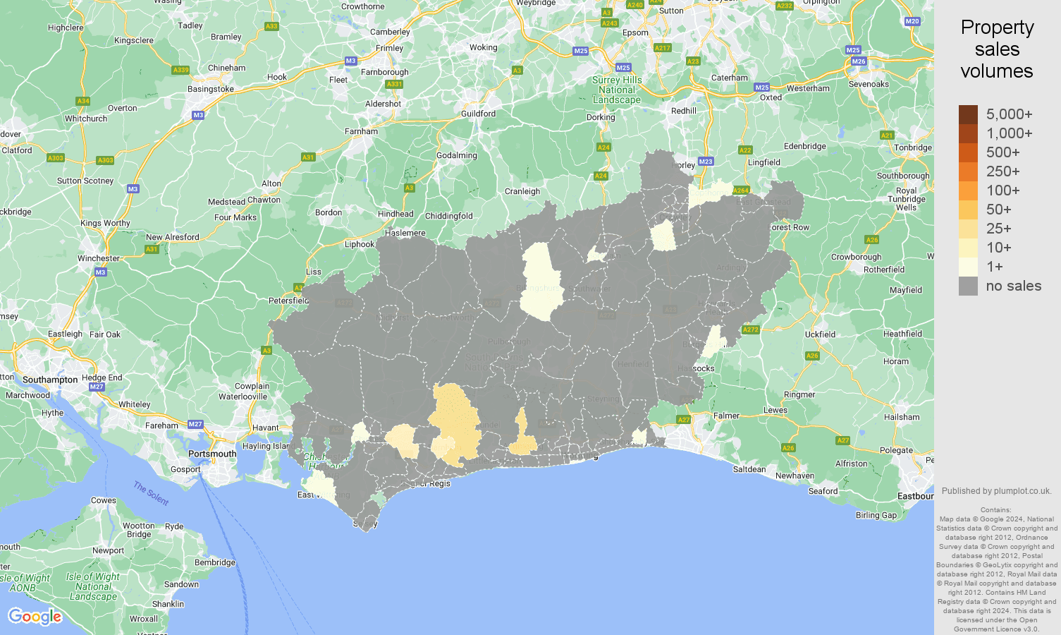 West Sussex map of sales of new properties