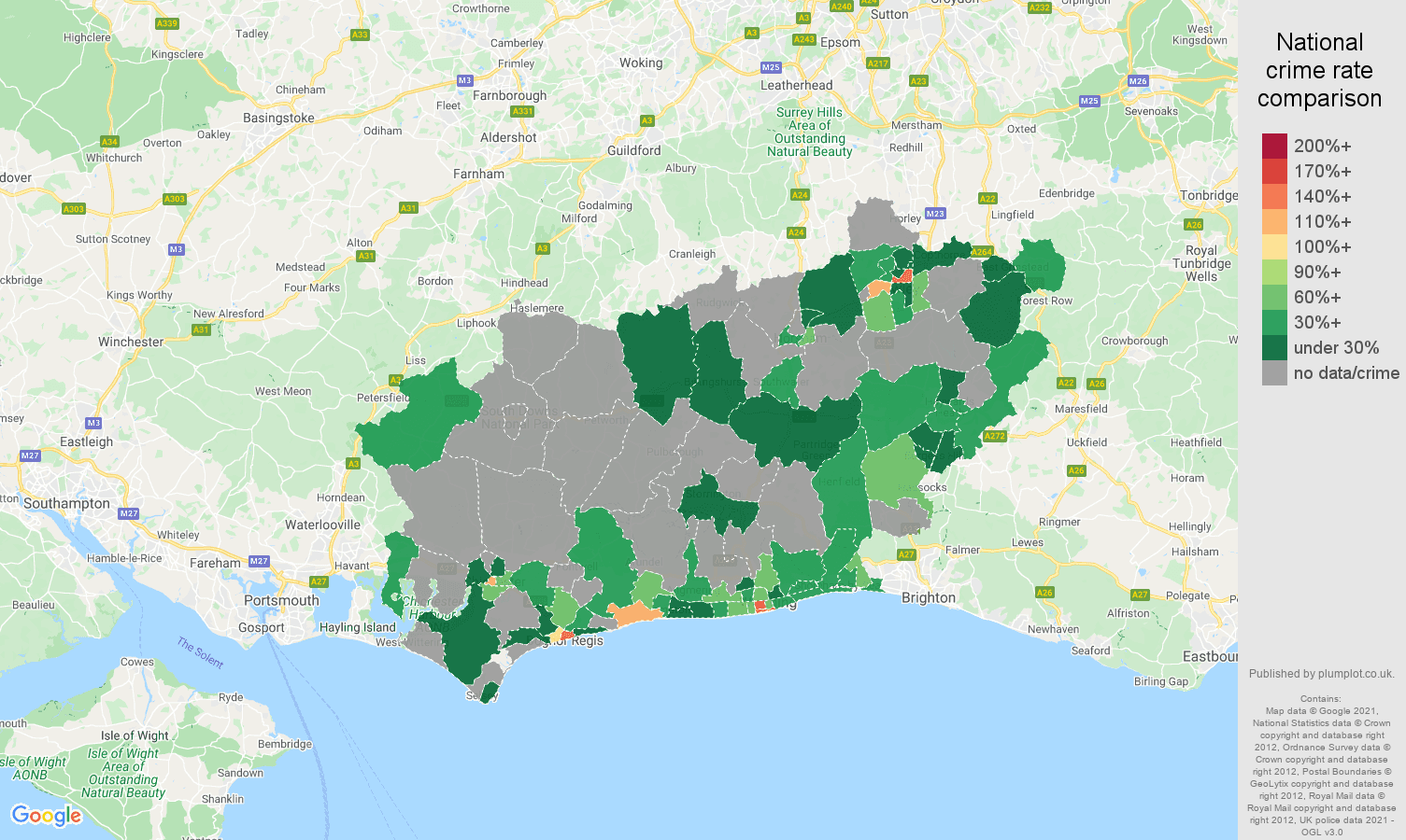 West Sussex robbery crime rate comparison map