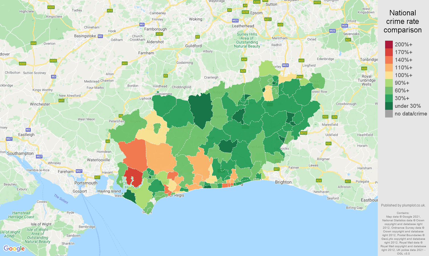 West Sussex vehicle crime rate comparison map