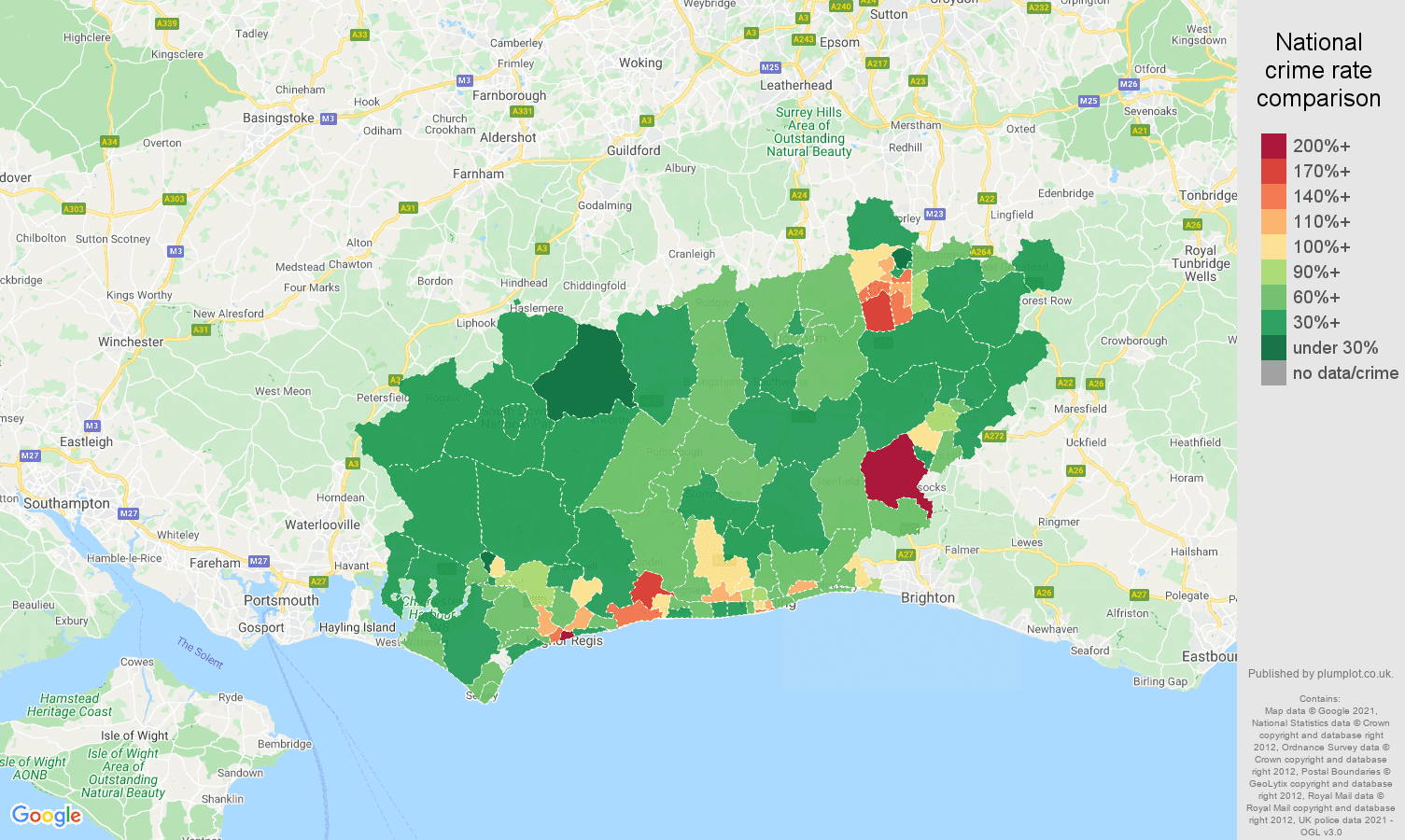 West Sussex violent crime rate comparison map
