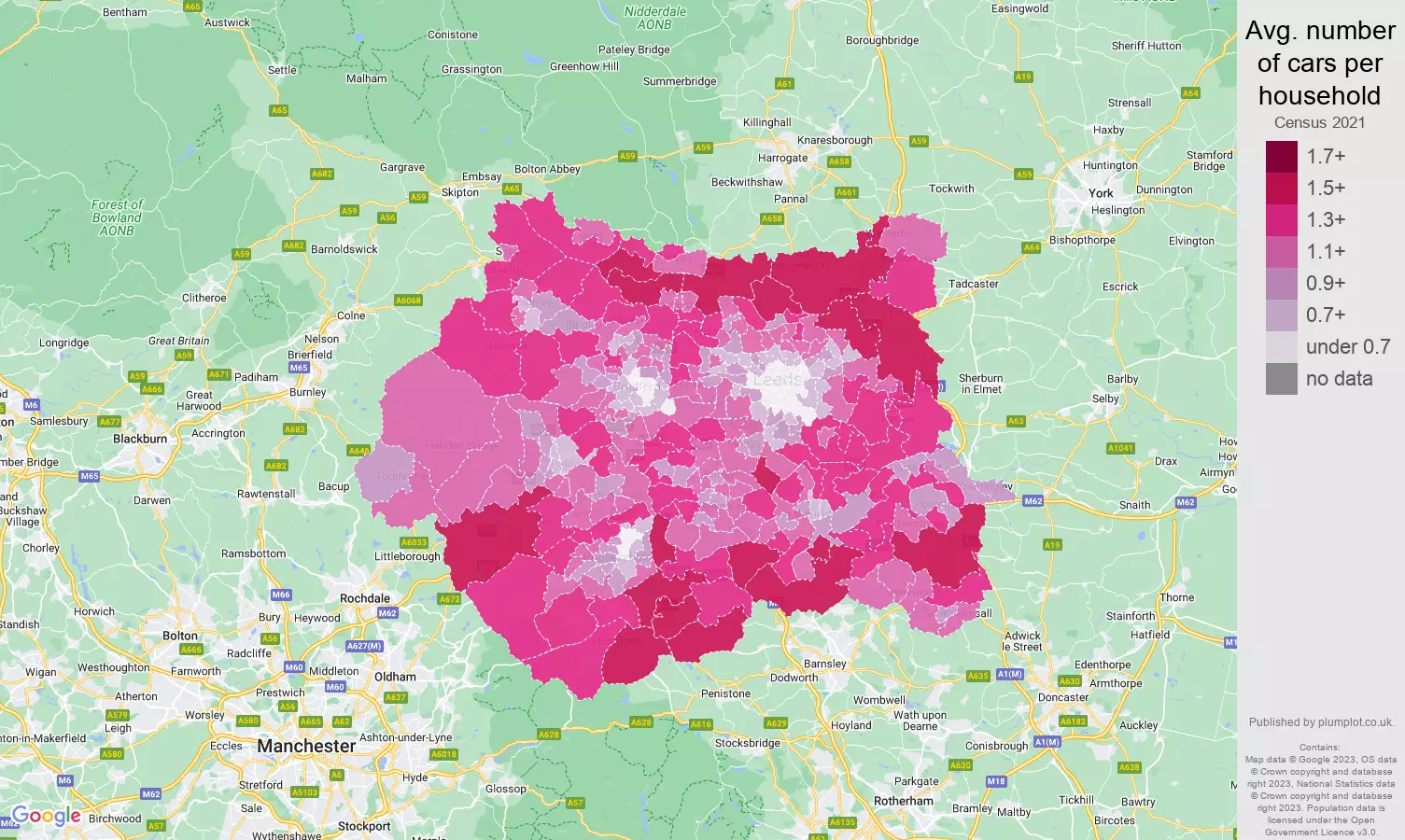 West Yorkshire cars per household map