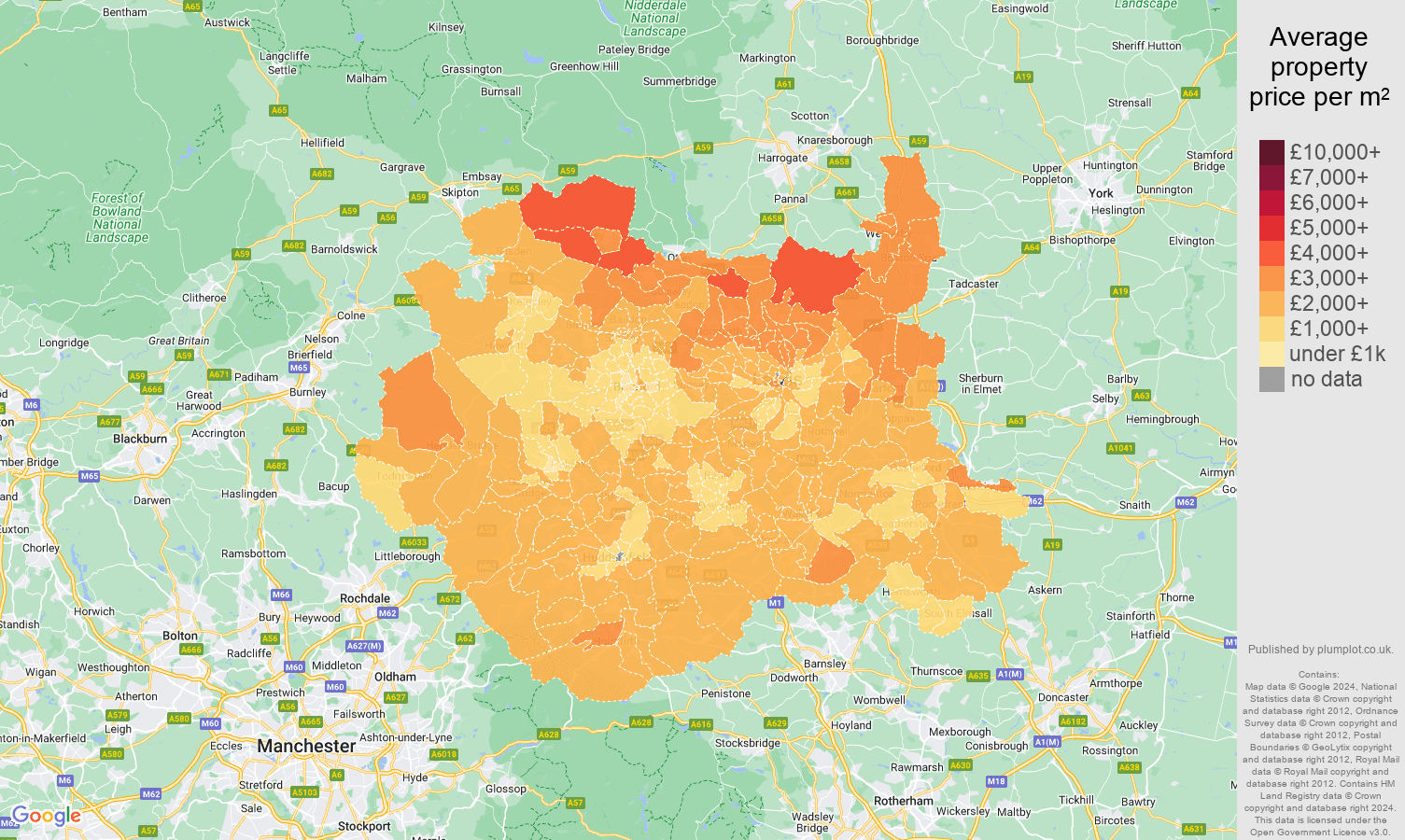 West Yorkshire house prices per square metre map