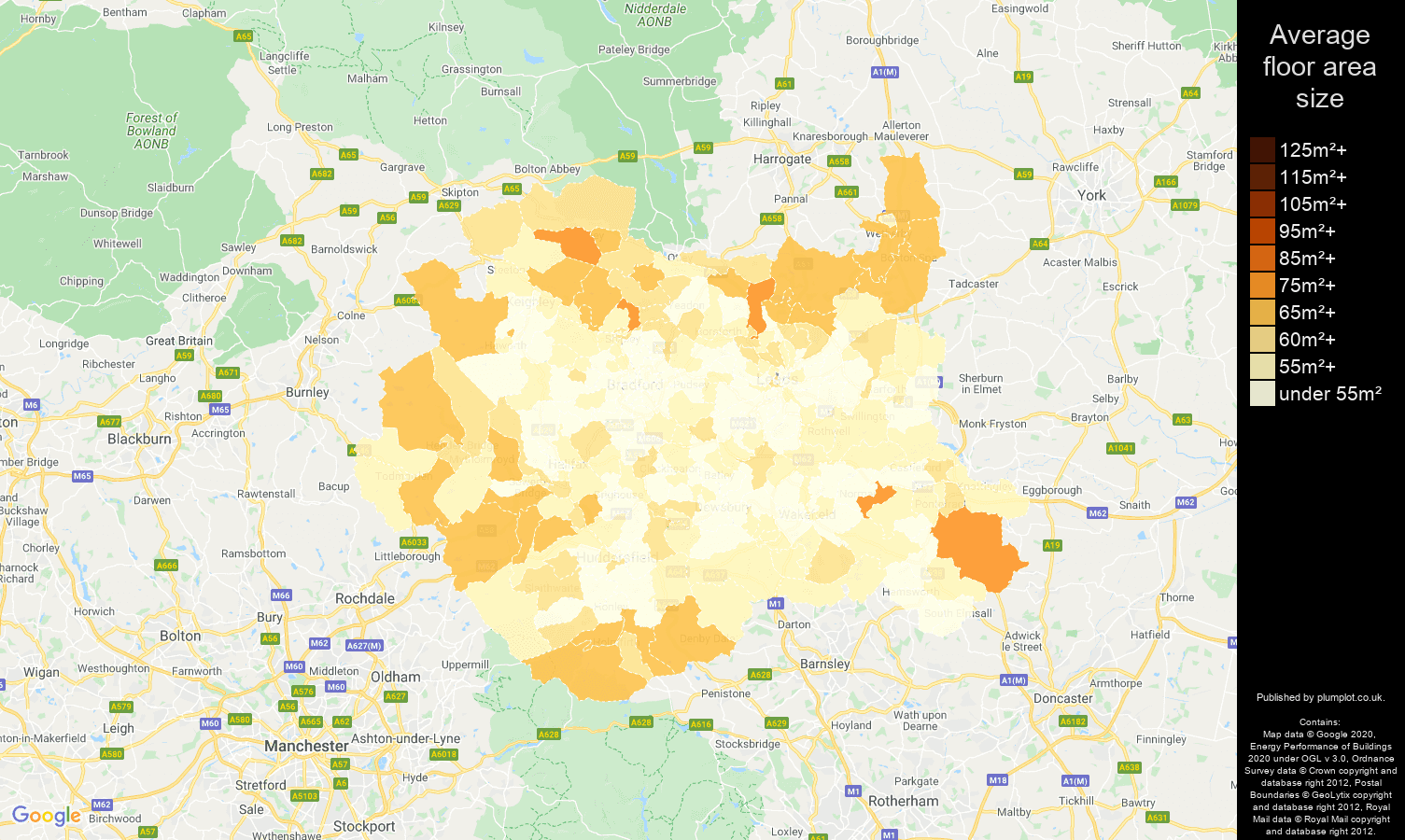 West Yorkshire map of average floor area size of flats