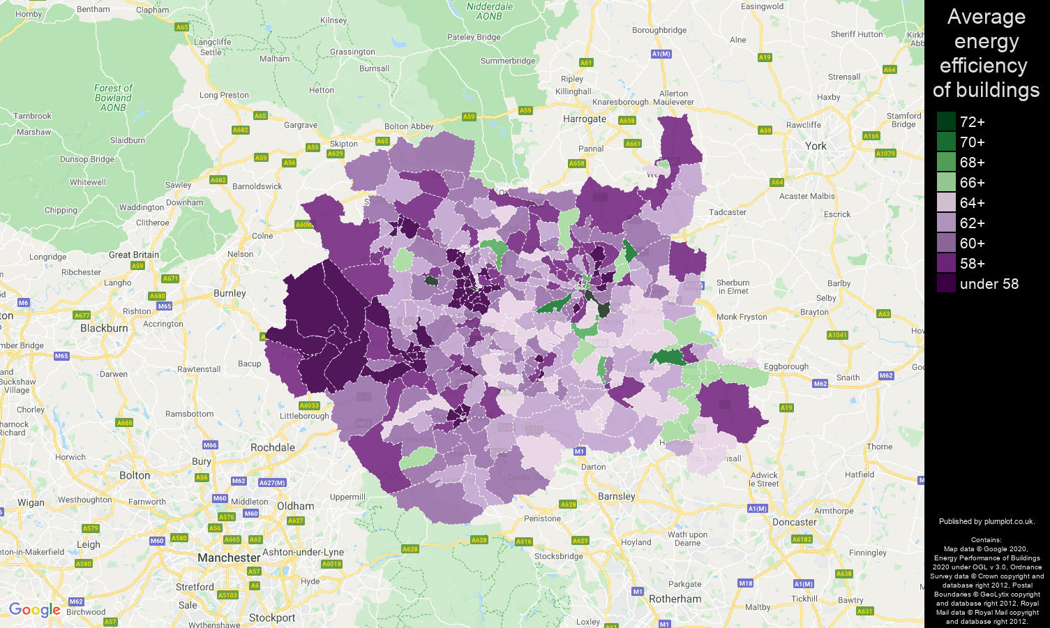 West Yorkshire map of energy efficiency of houses