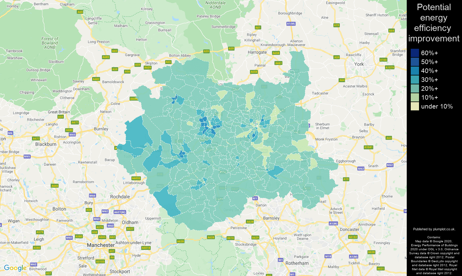 West Yorkshire map of potential energy efficiency improvement of houses
