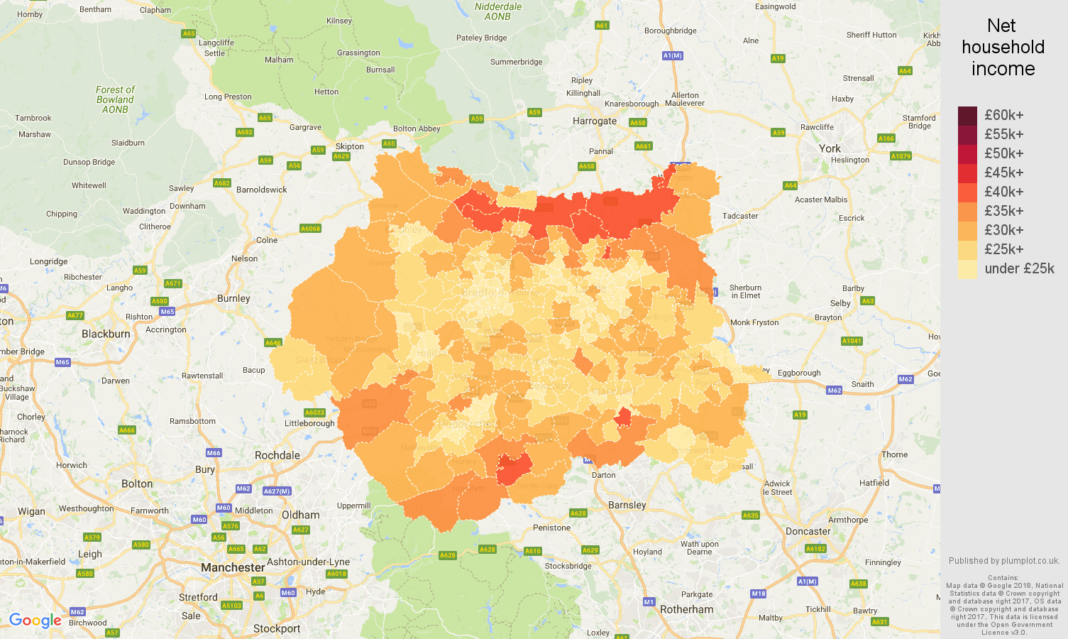 West Yorkshire net household income map