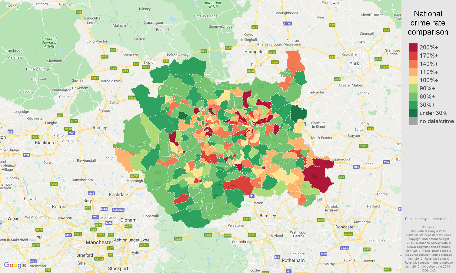 West Yorkshire other theft crime rate comparison map