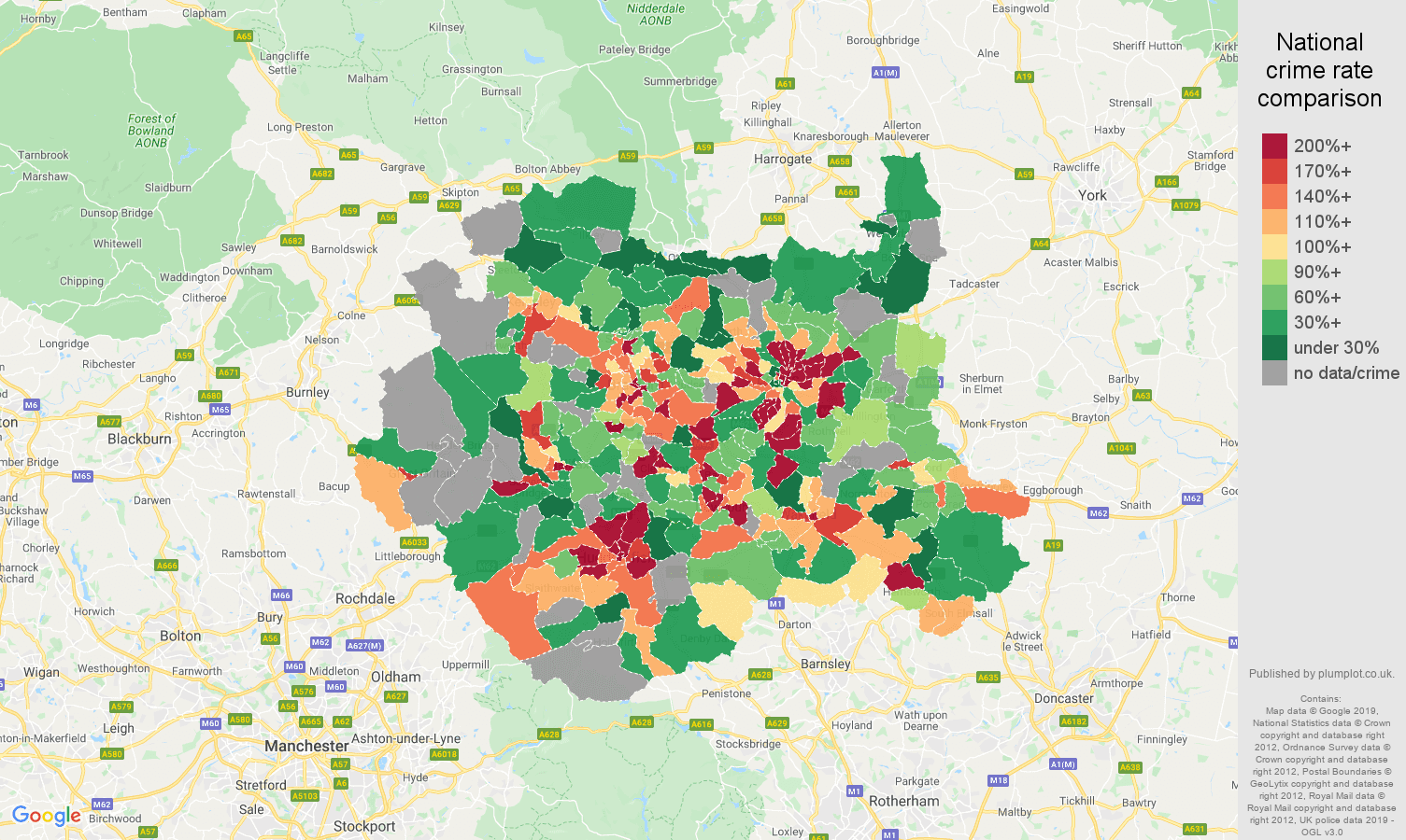 West Yorkshire possession of weapons crime rate comparison map