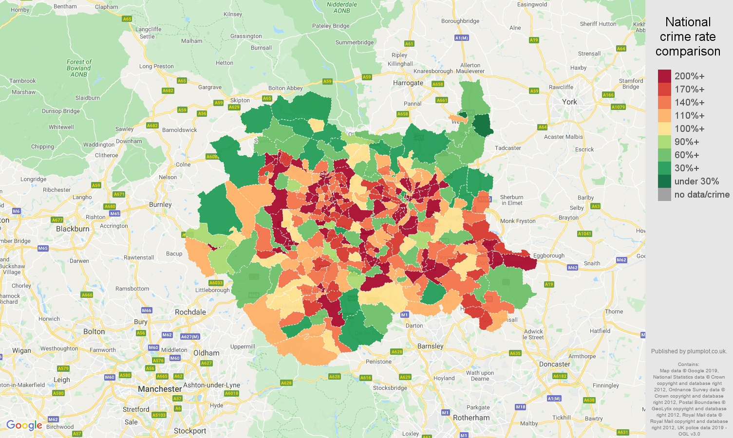 West Yorkshire public order crime rate comparison map