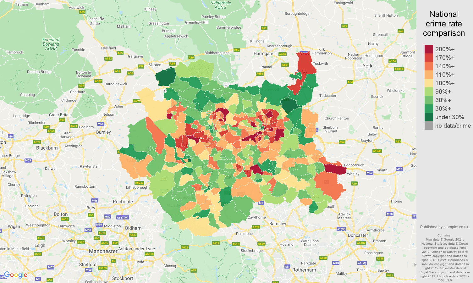 West Yorkshire vehicle crime rate comparison map