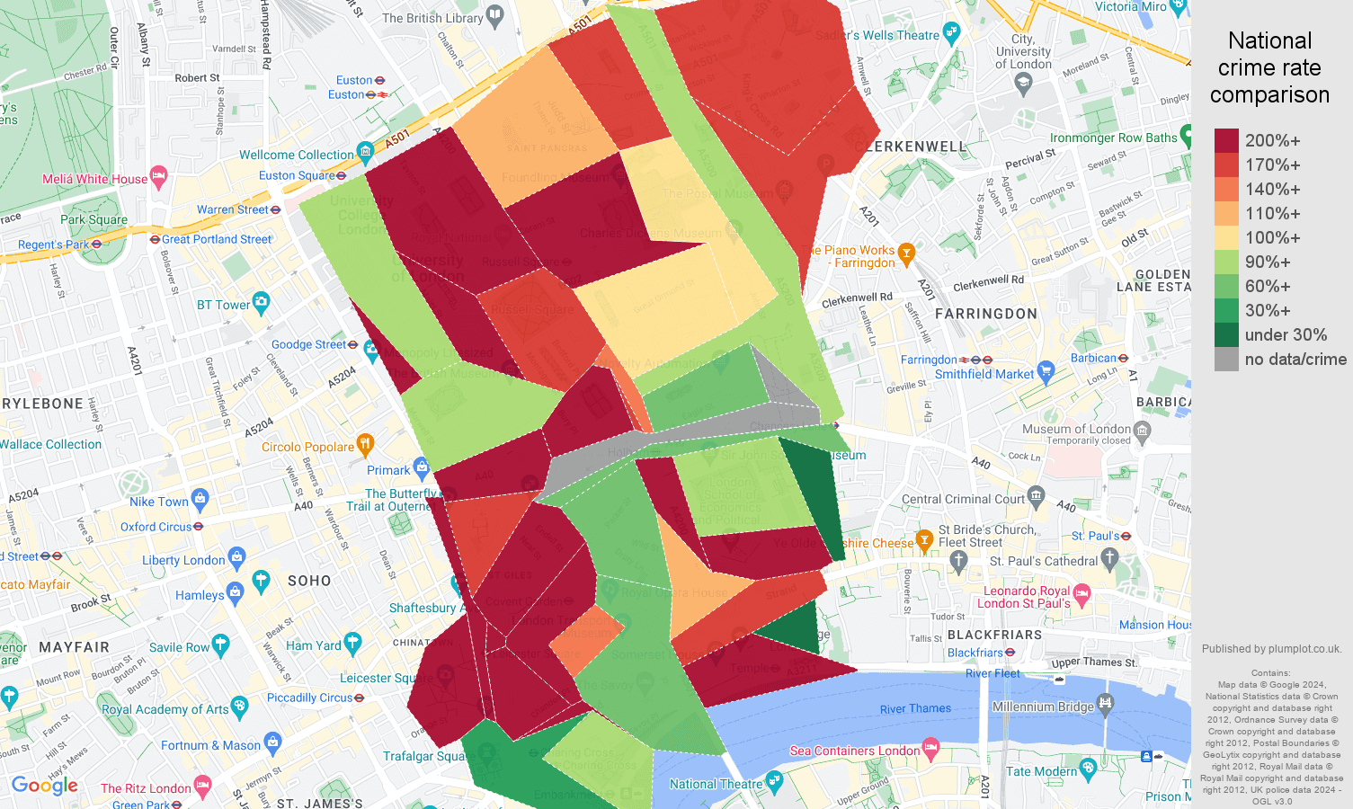Western Central London bicycle theft crime rate comparison map