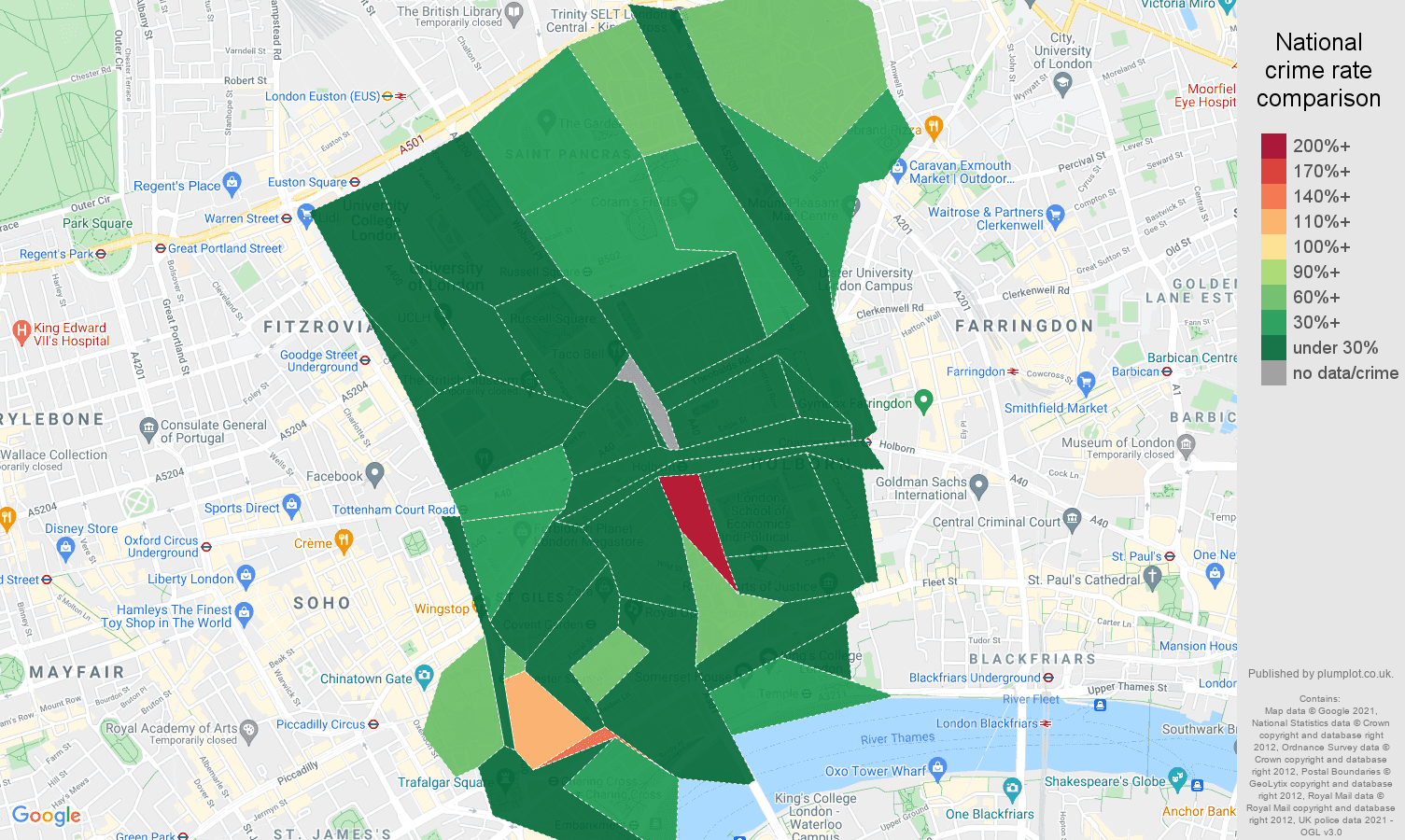 Western Central London criminal damage and arson crime rate comparison map