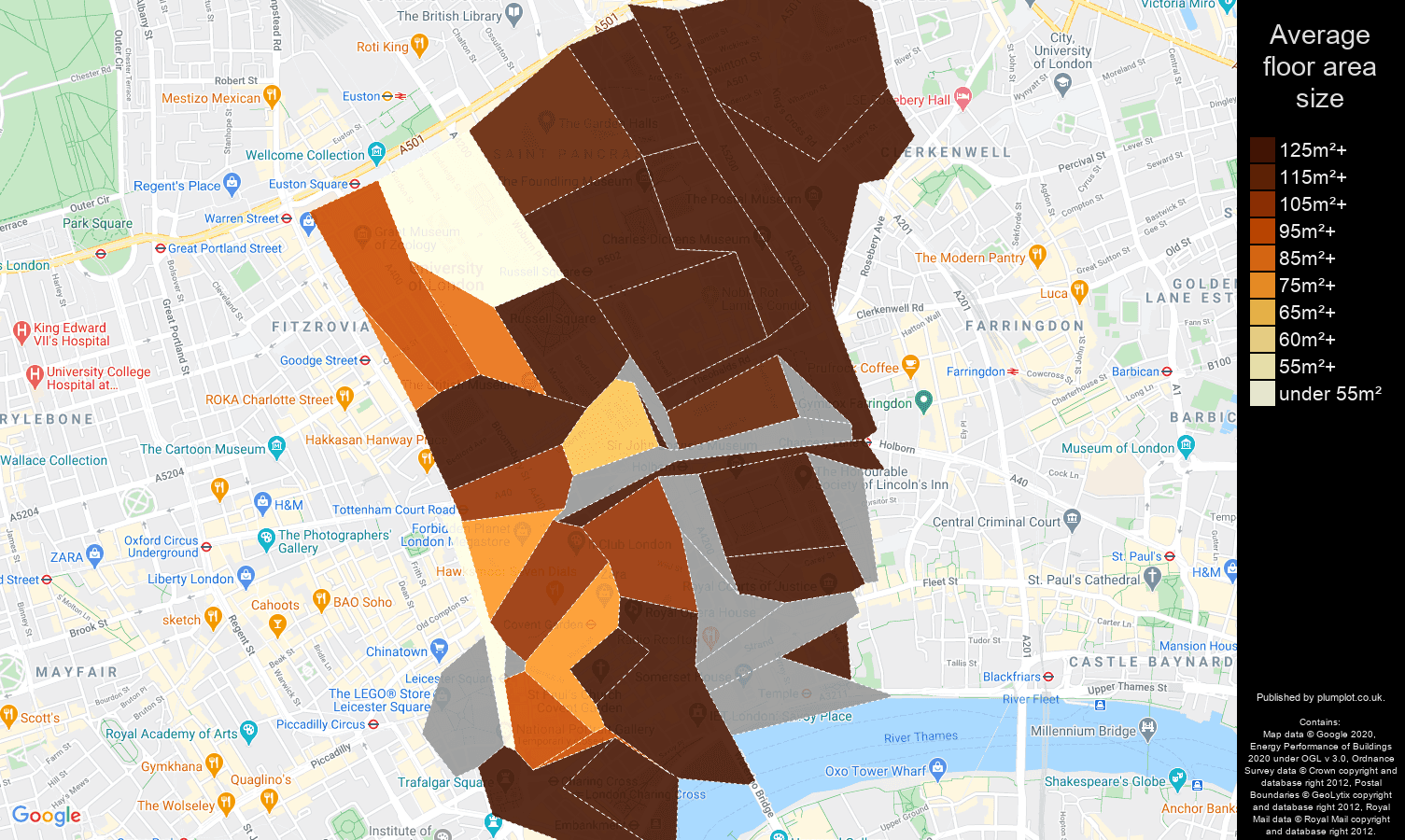 Western Central London map of average floor area size of houses