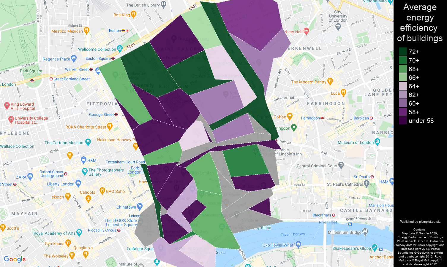 Western Central London map of energy efficiency of houses