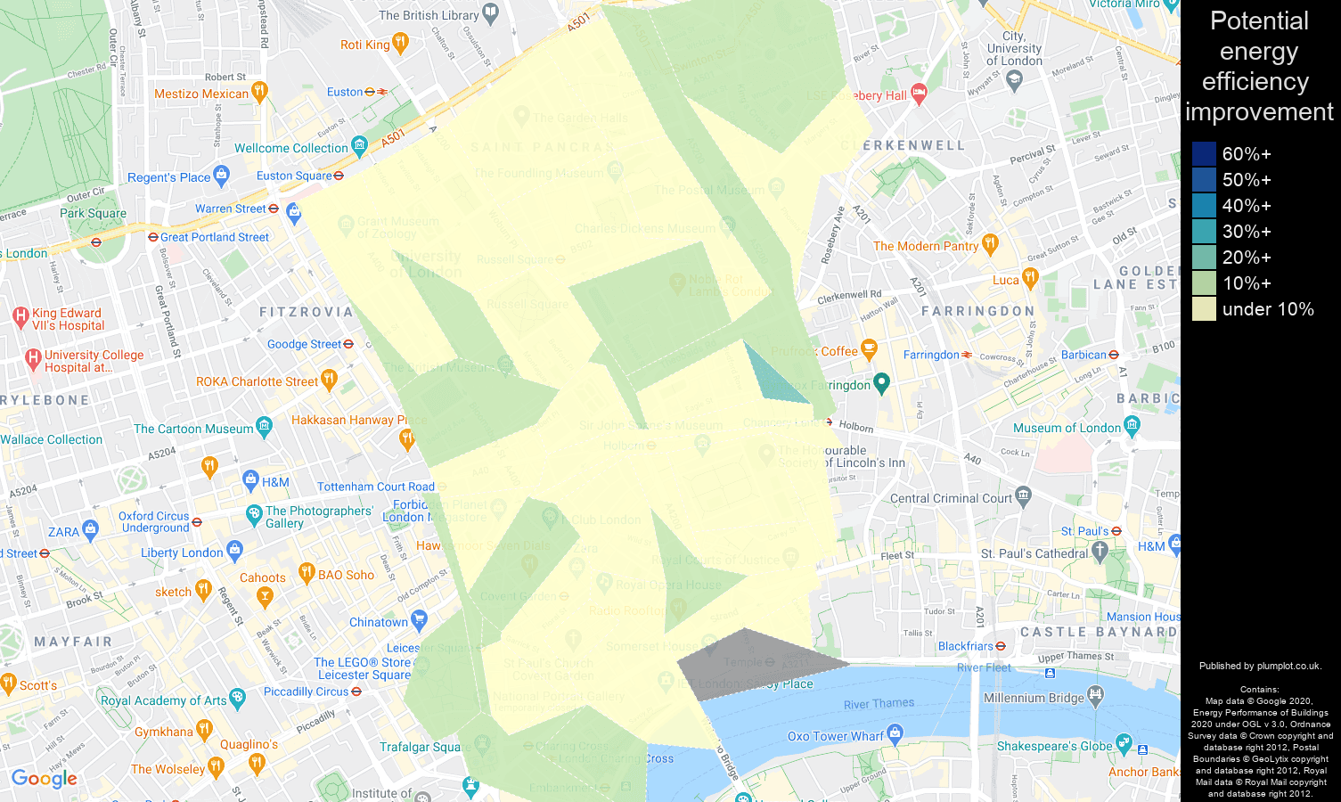 Western Central London map of potential energy efficiency improvement of properties
