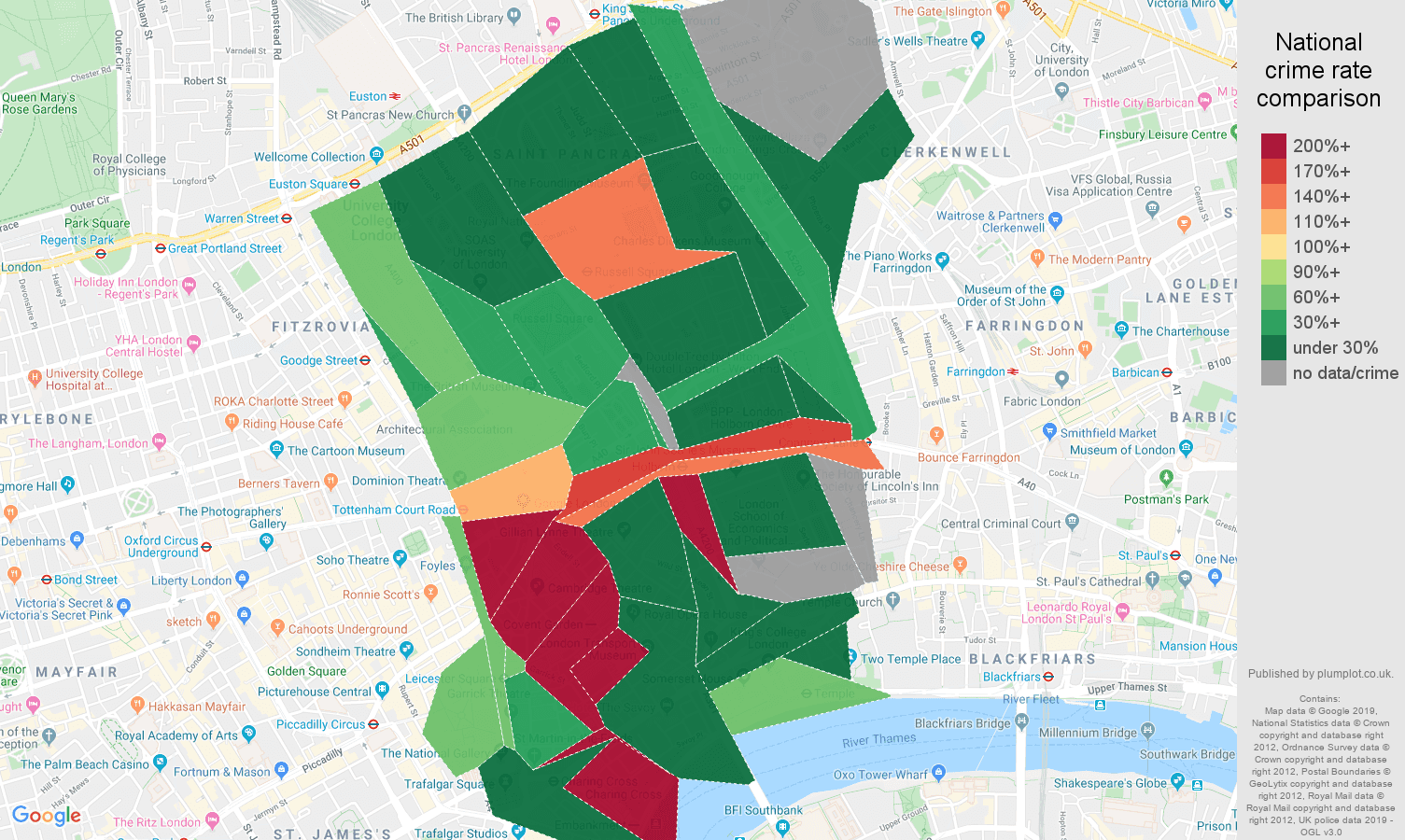 Western Central London shoplifting crime rate comparison map
